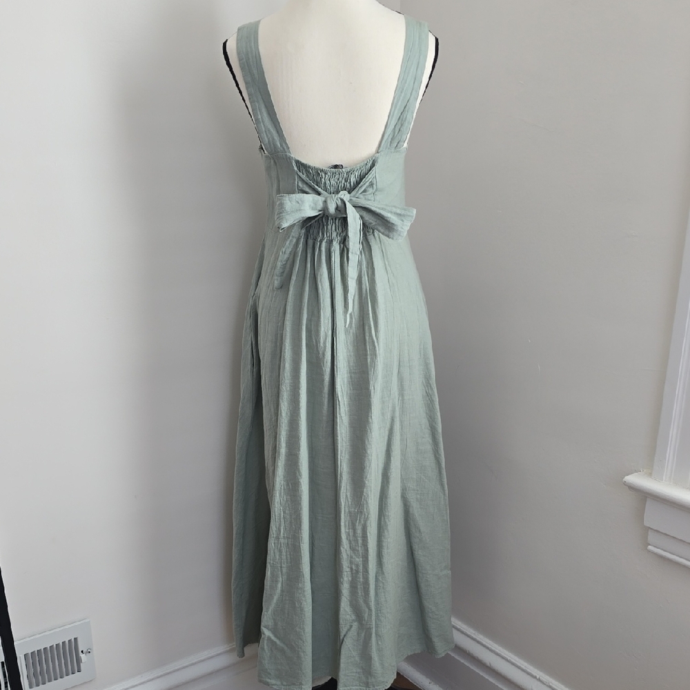 Francesca Bettini Sage Grewn Linen/cotton Blend Midi A Line Tie Back Dress Med - Picture 4 of 6